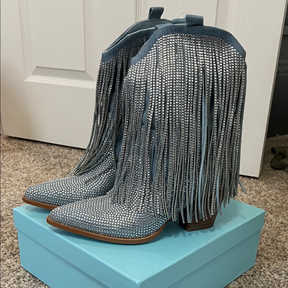 Rhinestone Denim Fringe Cowgirl Boots